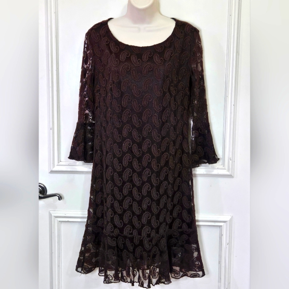 Cowgirl Hardware Brown Paisley Embroidered Mesh Flare Sleeve Midi Dress,X-Large